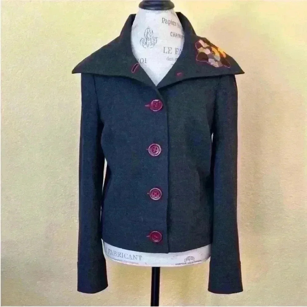 Gipsy Dark Gray Jacket With Embroidered Flowers On Collar US Size 8 Like New! - Picture 4 of 11